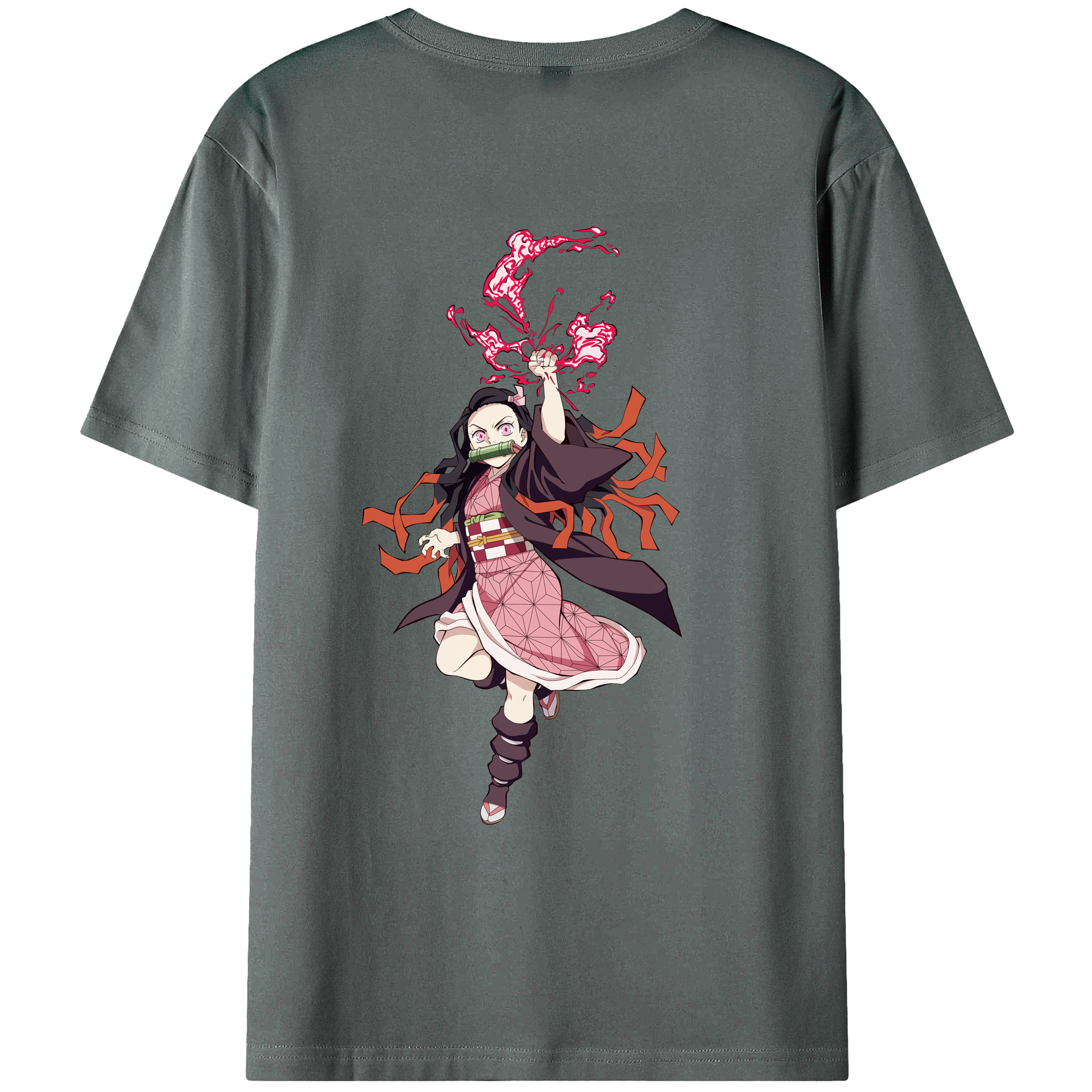 （画像用） 鬼滅の刃（きめつのやいば）竈門 禰󠄀豆子／かまど ねずこ Kamado Nezuko 綿100％ メンズ半袖Tシャツ（バックプリント） 通気性